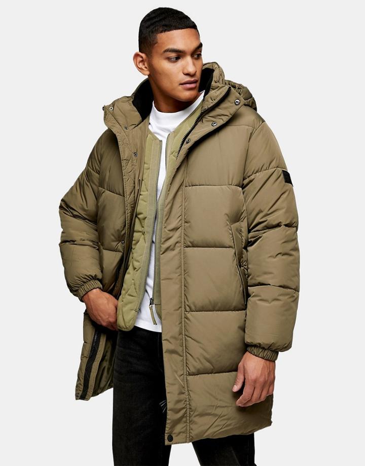 Topman Considered Longer Length Puffer Jacket In Khaki-green