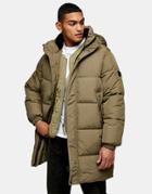 Topman Considered Longer Length Puffer Jacket In Khaki-green