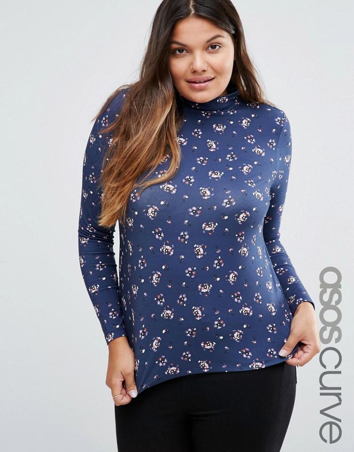 Asos Curve Top With Polo Neck In Ditsy Print - Multi