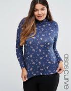 Asos Curve Top With Polo Neck In Ditsy Print - Multi