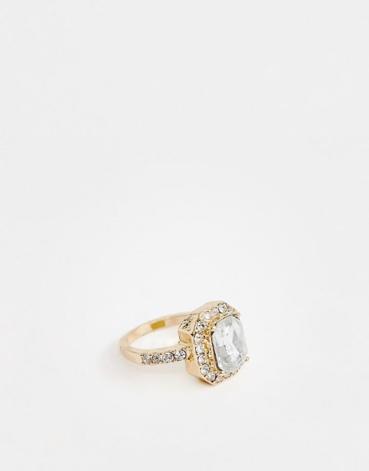 Asos Design Ring With Square Jewel And Crystal Band In Gold - Copper