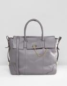 Paul Costelloe Real Leather Tote With Fold Over Chain Closure - Gray