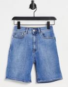 Asos Design Hourglass Denim High Rise 'skinny' Stretch Shorts In Midwash-blues