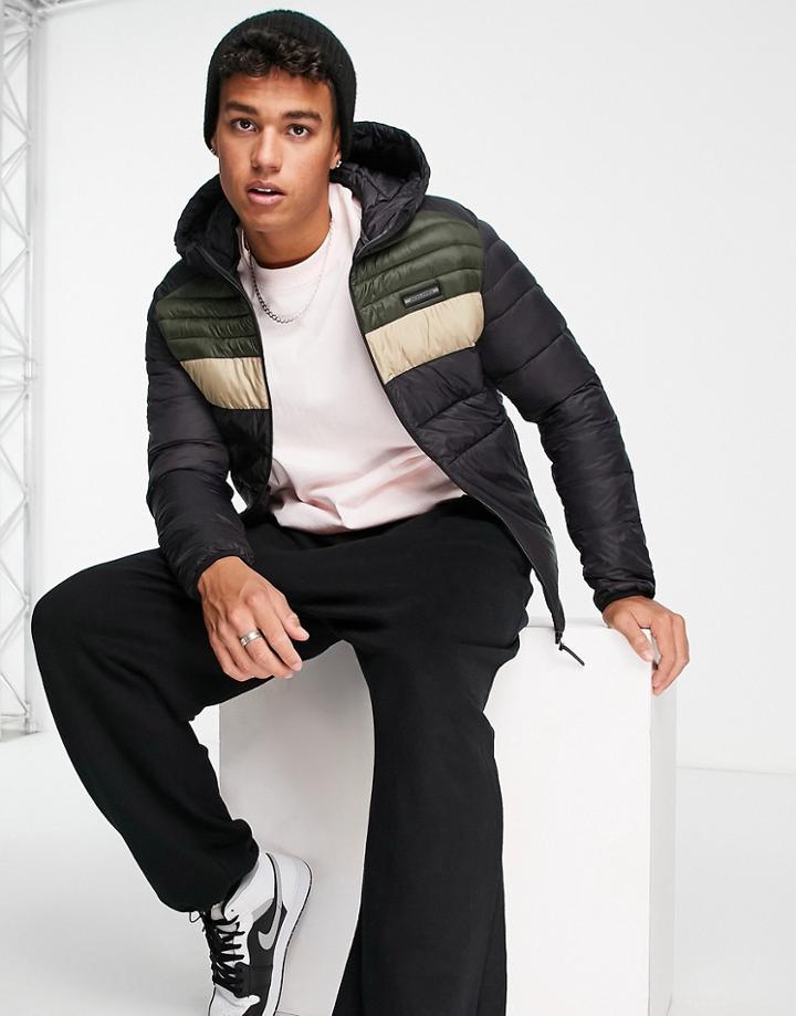 Jack & Jones Essentials Blocked Padded Jacket With Hood In Black Color Block