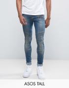 Asos Tall Super Skinny Jeans With Double Zip And Biker Details In Mid Blue Wash - Blue