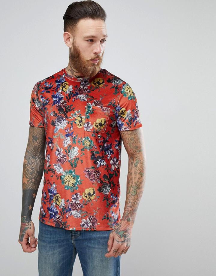 Asos T-shirt In Floral Velour With Pocket - Orange