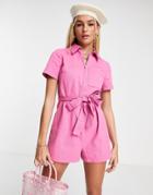 Asos Design Zip Front Twill Romper In Pink