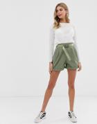 Pull & Bear Parachute Belted Utility Shorts In Khaki - Green