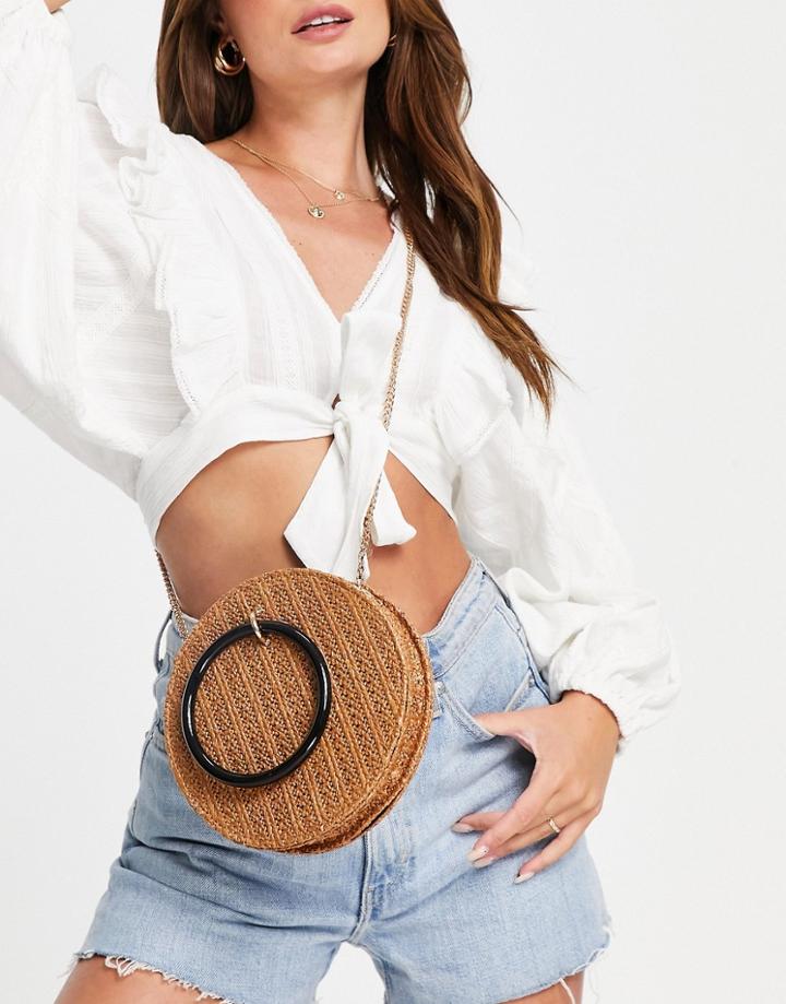 Truffle Collection Circle Straw Bag With Ring Handle In Brown