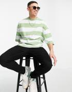 Asos Actual Oversized T-shirt With Logo Tab In Green And White Stripe