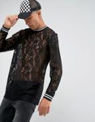 Asos Longline Long Sleeve T-shirt In Lace With Monochrome Tipping - Black