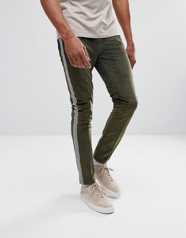 Asos Skinny Khaki Velour Pants With Side Stripe - Green