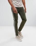 Asos Skinny Khaki Velour Pants With Side Stripe - Green