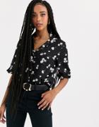 Miss Selfridge Shirt With Frill Sleeves In Daisy Print - Black