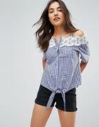Qed London Cold Shoulder Lace Trim Gingham Tie Front Top - Blue