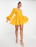 Asos Edition Textured Mesh Long Sleeve V Neck Mini Dress In Orange