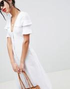 Asos Design Linen Button Through Casual Midi Tea Dress - White