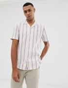 Farah Saunderson Short Sleeve Revere Oxford Stripe Shirt In White - White