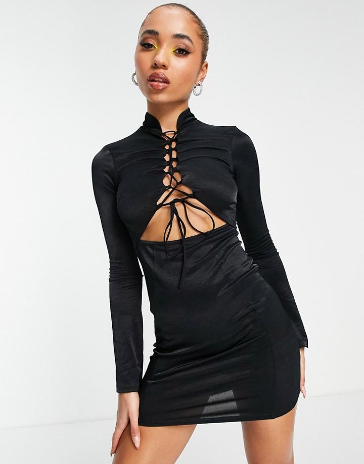 Asos Design Long Sleeve Lace Up Front Mini Dress In Black