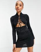Asos Design Long Sleeve Lace Up Front Mini Dress In Black