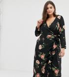Fashion Union Plus Wrap Midi Dress In Oversize Floral - Black