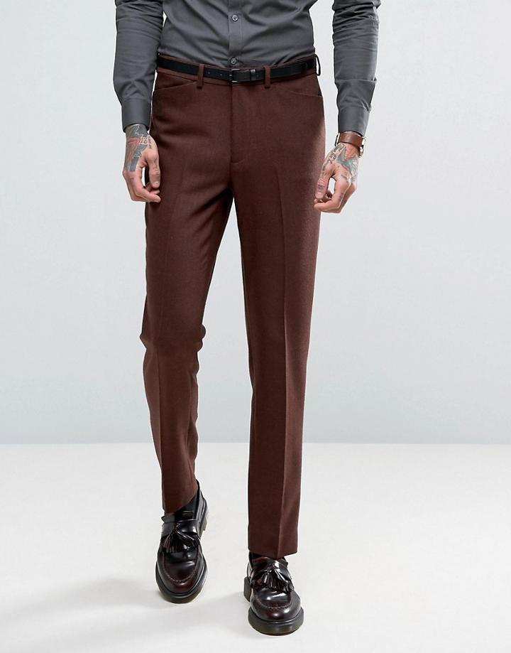 Asos Skinny Suit Pants In Herringbone In Rust Wool Blend - Tan