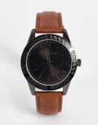 Asos Design Classic Watch With Black Face And Faux Leather Strap In Tan-brown