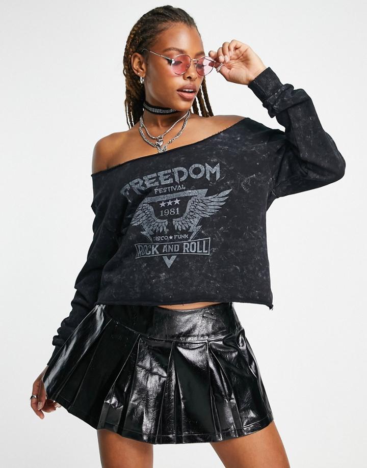 Asos Design Slouchy Slashed Neck Off Shoulder Sweat With Freedom Graphic In Charcoal-gray