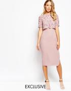 Frock And Frill Embellished Overlay Pencil Dress With Open Back And Split - Blush