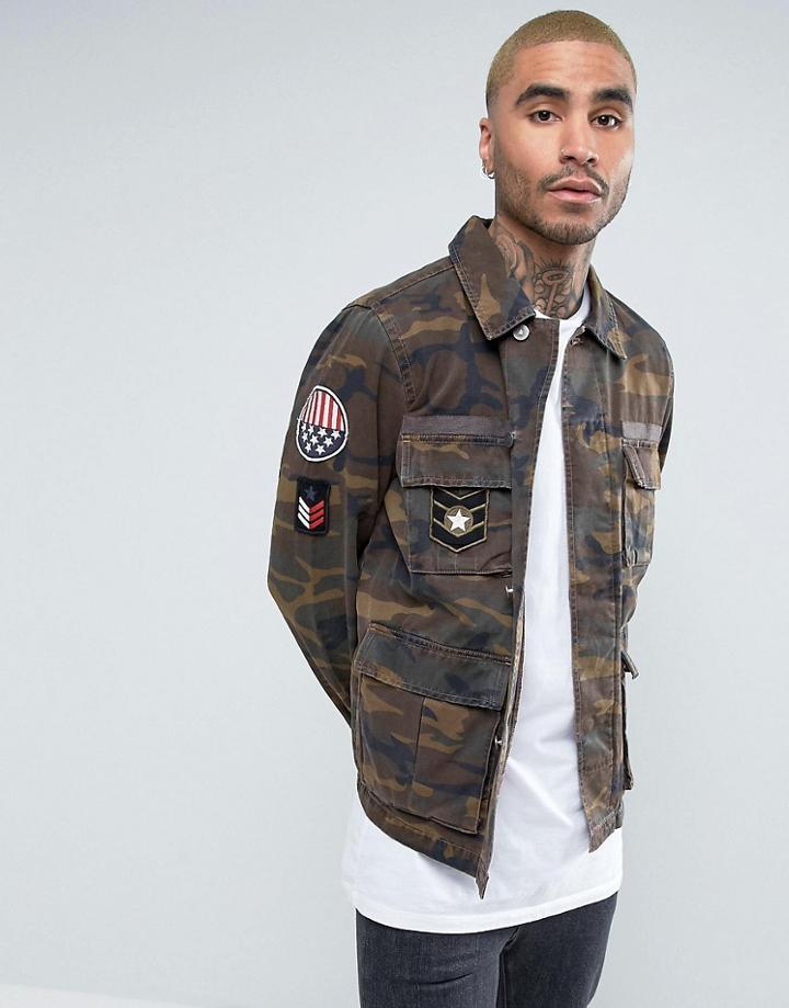 Asos Military Jacket In Camo Print With Badges - Green