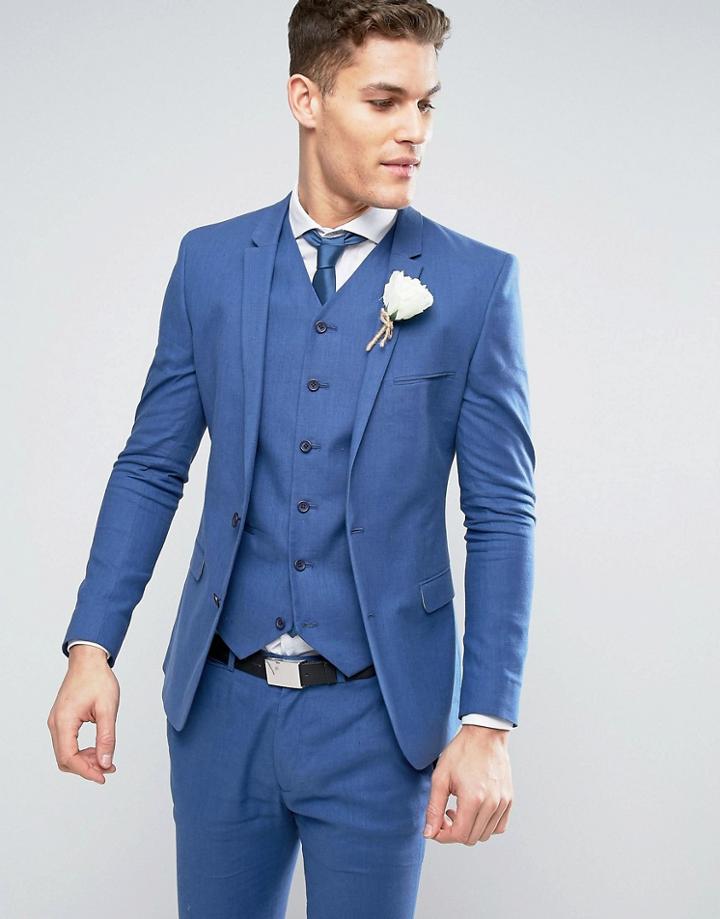 Asos Wedding Super Skinny Suit Jacket In Mid Blue Stretch Linen Cotton - Blue