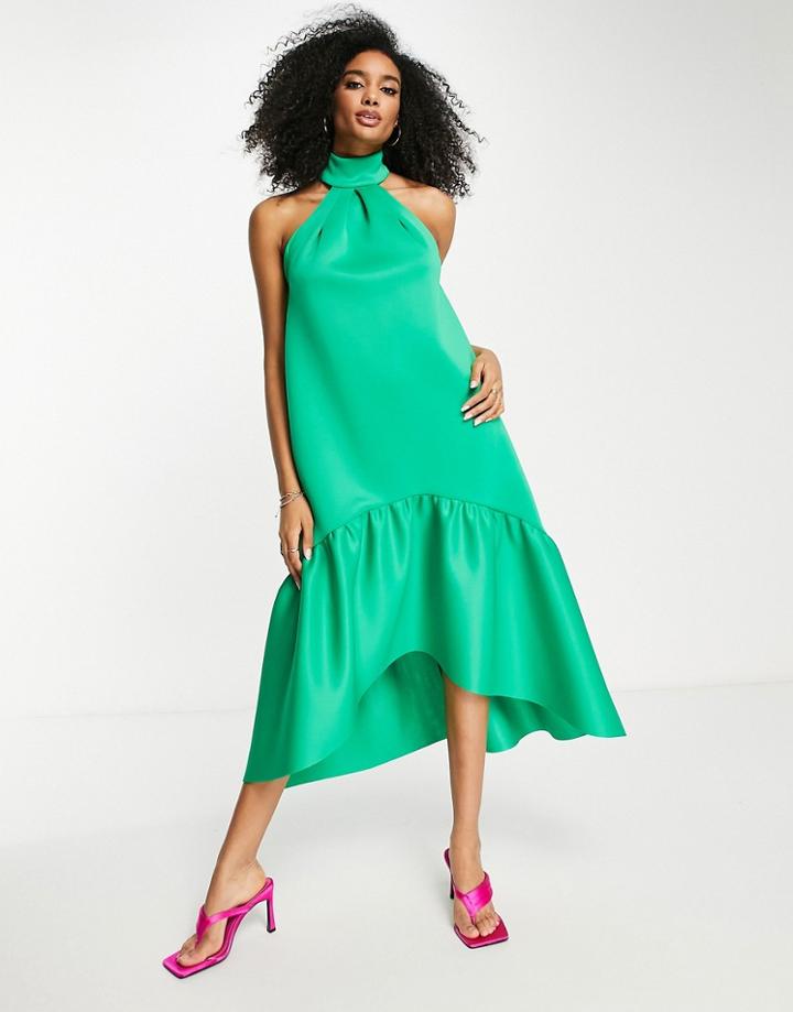 Asos Design High Neck Trapeze Peplum Midi Dress In Green