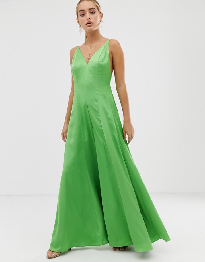 Asos Edition Plunge Cami Wide Leg Jumpsuit In Satin-green