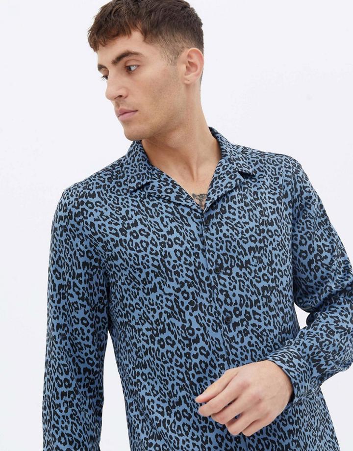 New Look Long Sleeve Satin Shirt With Animal Print In Blue-gray