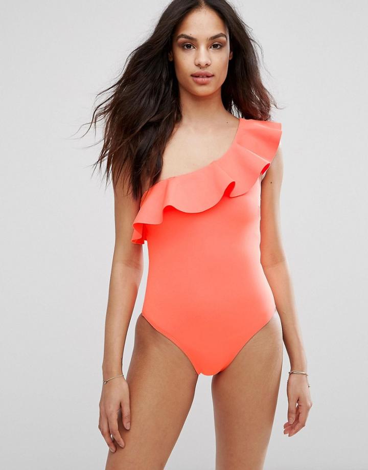 Ted Baker Frillay One Shoulder Ruffle Swimsuit - Orange