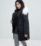 Lost Ink Plus Padded Coat With Faux Fur Trim - Black