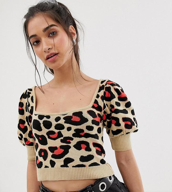 Asos Design Petite Puff Sleeve Knit Top In Leopard - Multi