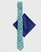 Asos Design Wedding Slim Floral Tie & Navy Pocket Square - Multi