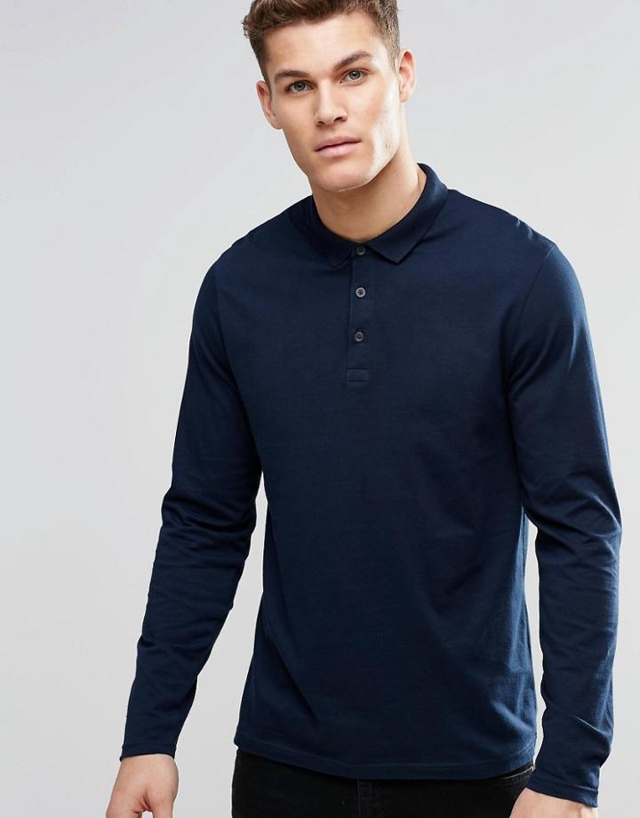 Asos Design Long Sleeve Jersey Polo In Navy - Navy