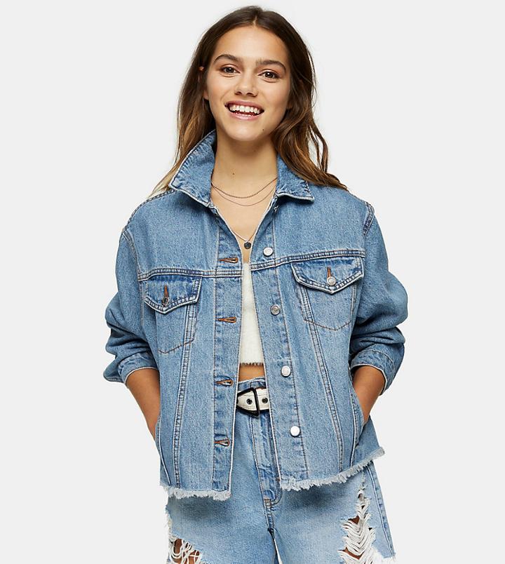 Topshop Petite Oversized Denim Jacket In Mid Wash Blue-multi