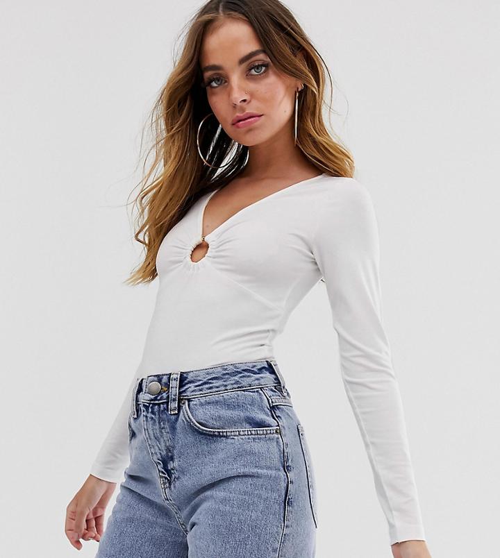 Asos Design Petite Long Sleeve Top With Ring Detail-white