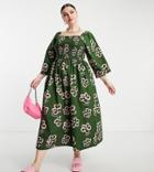 Collusion Plus Angel Sleeve Shirred Maxi Smock Dress In Green Floral