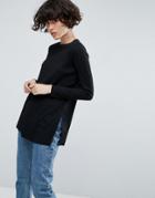 Asos Top In Textured Rib With Long Sleeves And Side Splits - Black