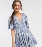 Asos Design Petite Soft Floral Godet Mini Dress With Jaquard Foil Print-multi