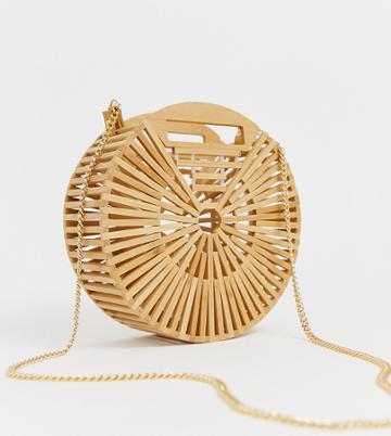 New Look Round Slatted Wood Bag In Stone - Stone