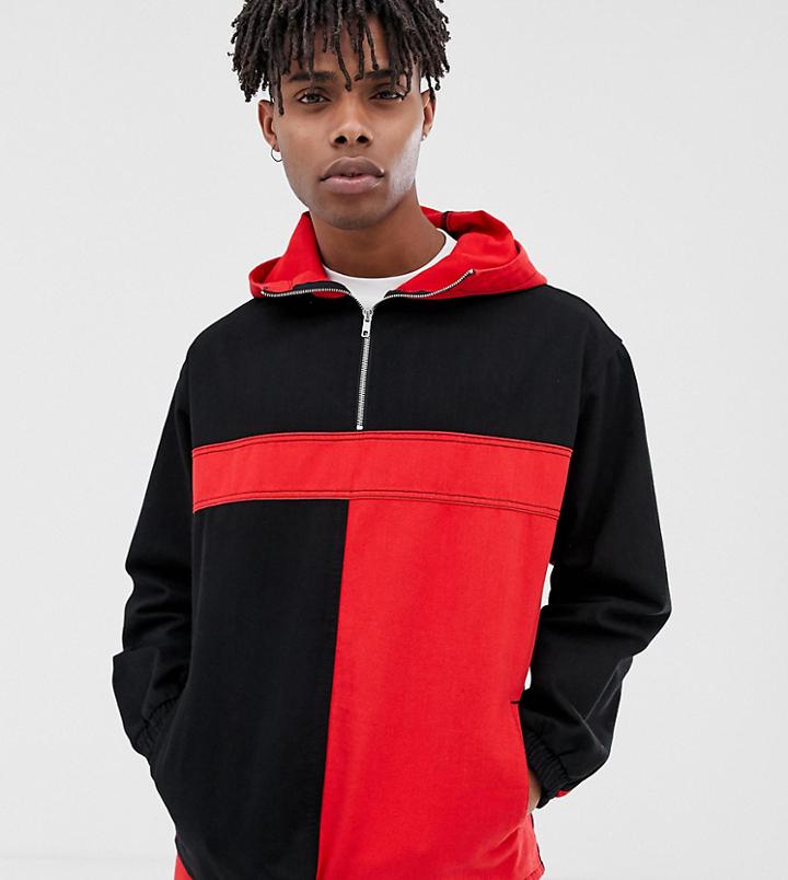 Collusion Color Blocked Overhead Denim Jacket In Black And Red