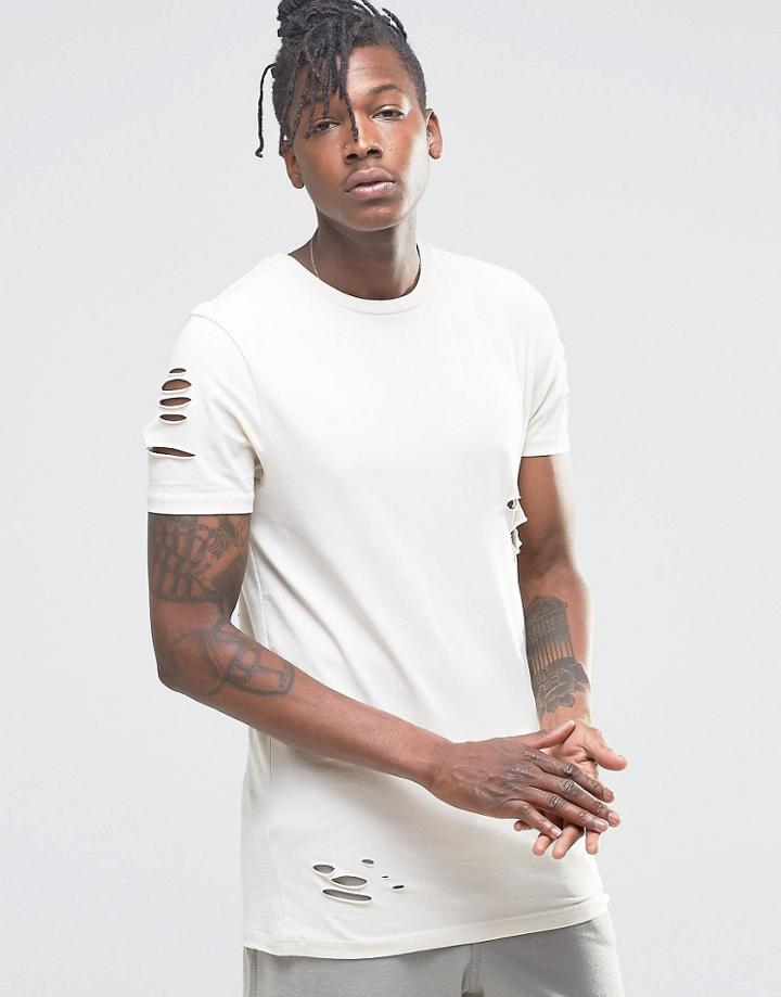 Asos Longline Muscle T-shirt With Distressing And Slashing In Stone - White Cap Gray