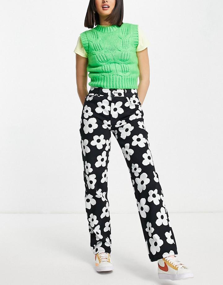 Asos Design 90s Straight Leg Pants In Retro Mono Floral-multi