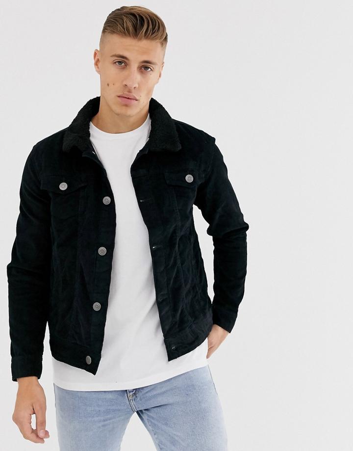 Brave Soul Cord Trucker Jacket With Fleece Collar-black