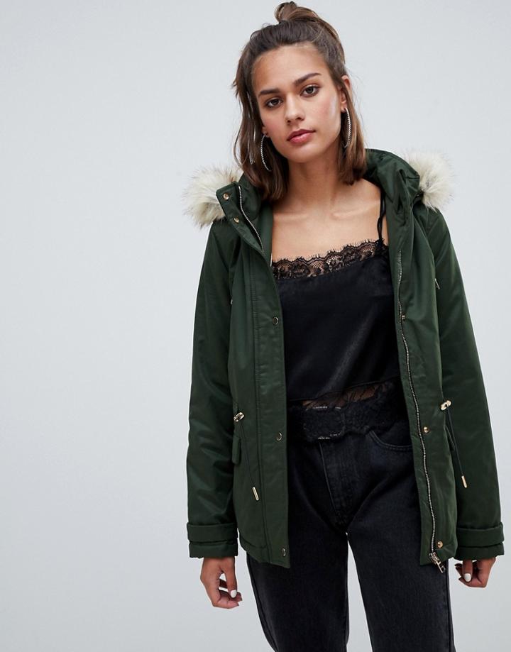 Pull & Bear Premium Faux Fur Hood Parka In Bottle Green - Green